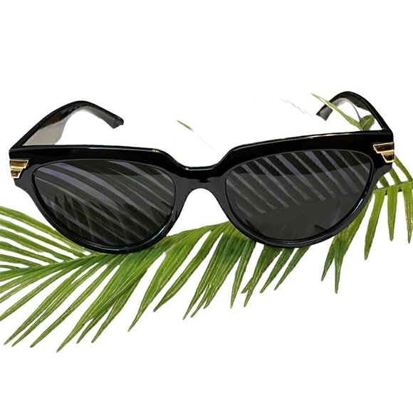 Accessories - Women's Fashion Cat Eye Sunglasses, Black, Gold Tone Trim